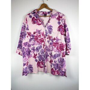 Basic Editions Button Up Top Women 3X Floral Cottagecore Tunic 3/4 Sleeve Mature